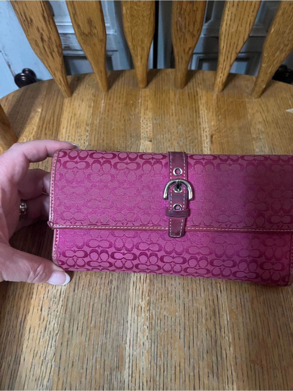 Coach Fuchsia Signature Large Jacquard Wallet with Buckle Detail - Picture 3 of 9